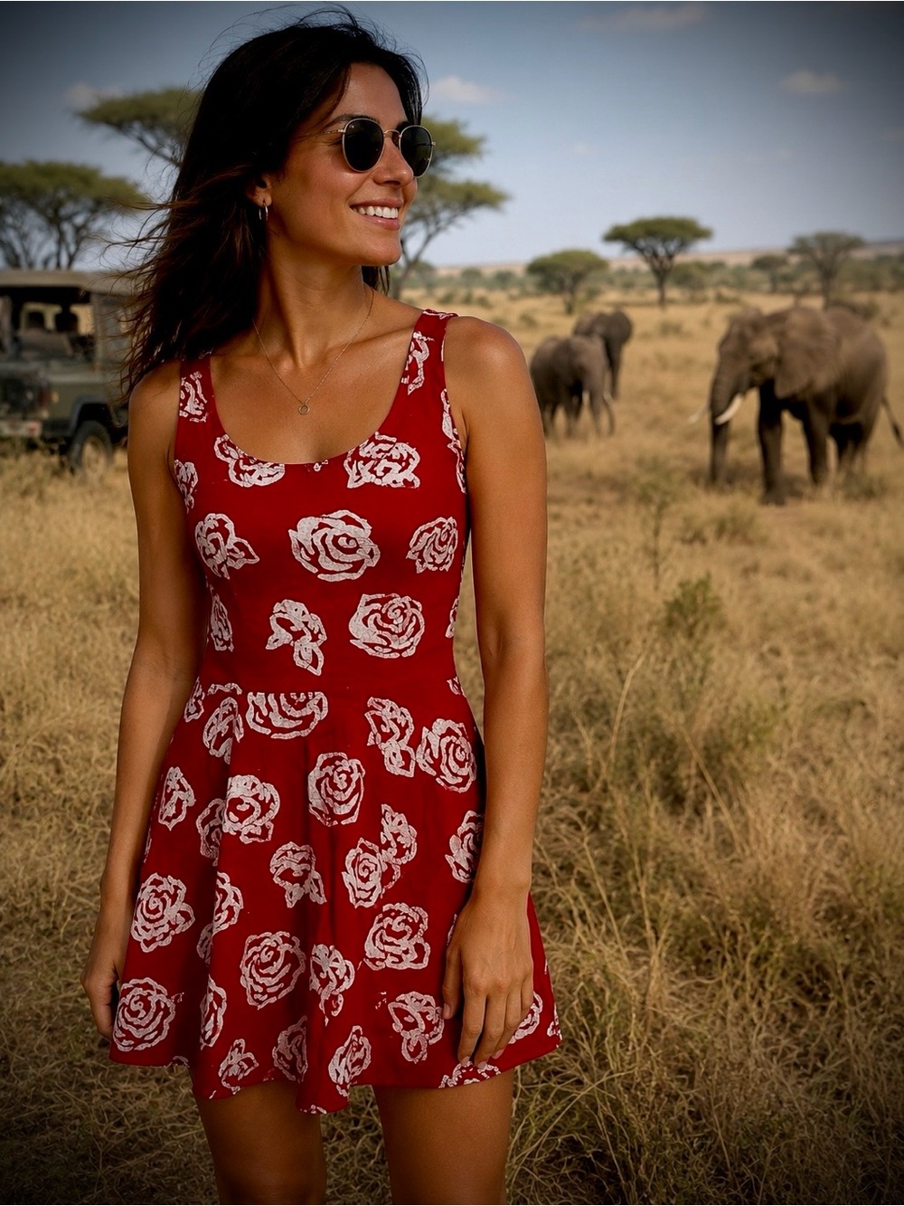 Women’s Red Floral Mini Dress - Sleeveless Scoop Neck #1319